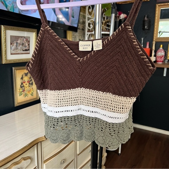 Copper Key Brown and Cream Crochet Tank Top Large - Picture 3 of 6